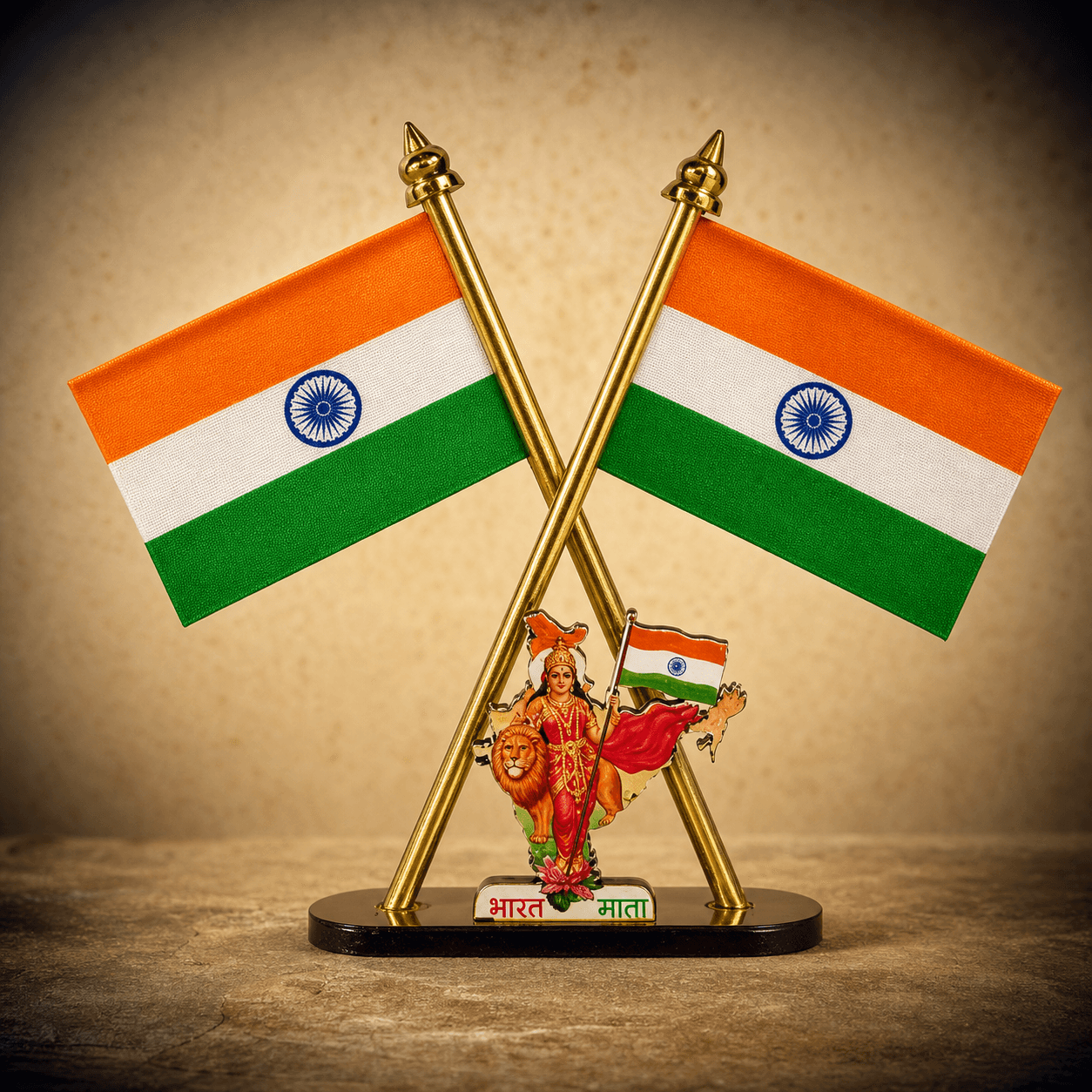 Crossed Indian desk flags with a Bharat Mata tribute miniature